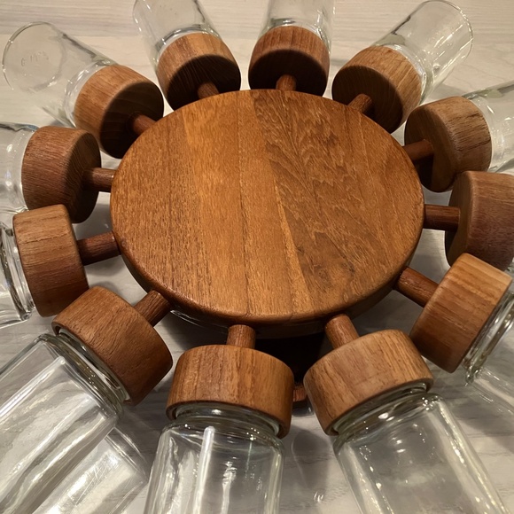 DIGSMED Danish Teak Spice Rack Wheel with 12 Glass Jars Midcentury Modern Kitche - Picture 2 of 8